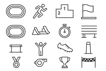 Fototapeta premium Outline icons of athletics equipment and symbols for sports events