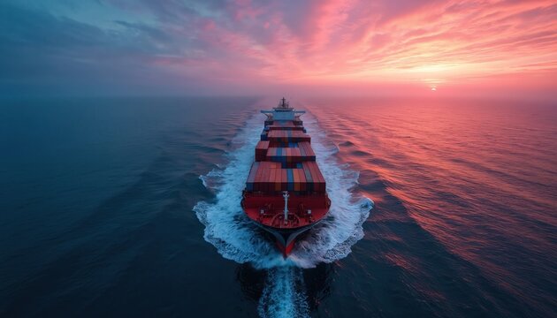 Aerial view of large cargo container ship sailing through calm ocean waters at sunset. Red, blue containers stacked on deck. White waves created by ship movement. Vibrant pink, orange hues in sky. - Powered by Adobe