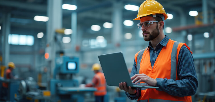 Engineer wearing helmet in industrial factory monitors production using laptop. Technical expert with safety gear inspects manufacturing. Professional worker at a plant uses computer.