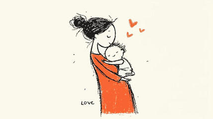 A tender minimalist line-art illustration of a mother hugging her sleeping baby, with rough pencil texture, an orange dress, and small hearts on a light background