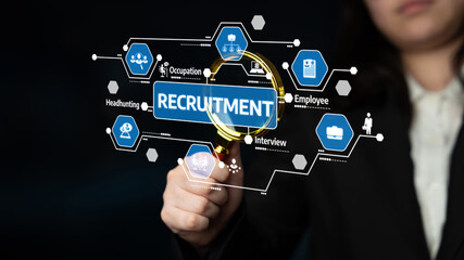 A professional looking at a digital interface related to recruitment, highlighting key aspects such as employee selection, interview processes, and career advancement opportunities. Tessel