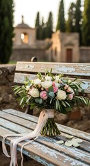 Elegant Wedding Bouquet on Rustic Bench in Serene Setting.