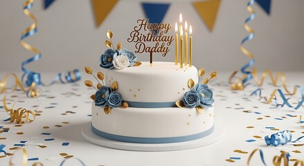 Elegant two-tiered birthday cake with blue floral decorations and candles.