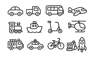 Outline icons of various transportation vehicles including car, truck, bus, plane, and more