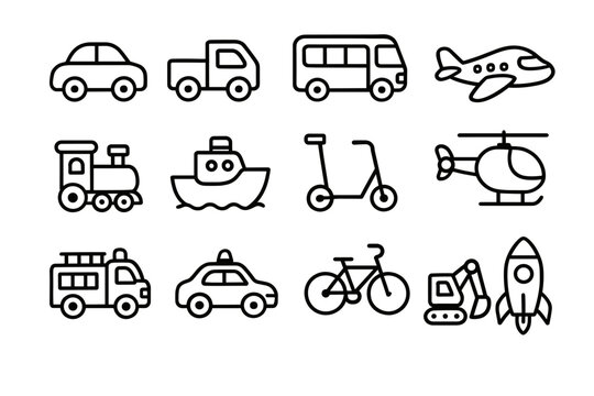 Outline icons of various transportation vehicles including car, truck, bus, plane, and more