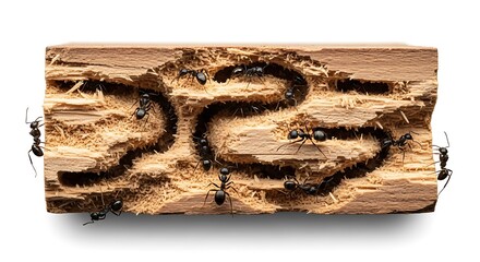 Ant Colony in Wood - A Detailed View of Insect Society.