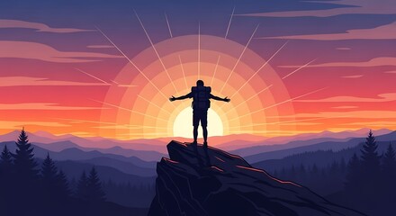 Silhouette of a Hiker Embracing the Sunrise on a Mountain Peak.