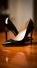 Elegant Black Patent Leather High Heels on Wooden Surface.
