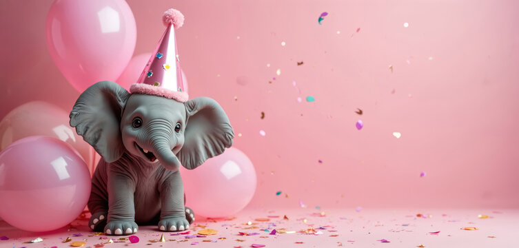 Happy elephant celebrates birthday on pink background. Party animal wears cap surrounded by balloons and falling confetti. Cute toy elephant enjoys festive atmosphere with copy space.
