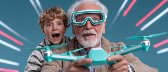 A man with a white beard and goggles is holding a drone while being surprised by a young boy behind him