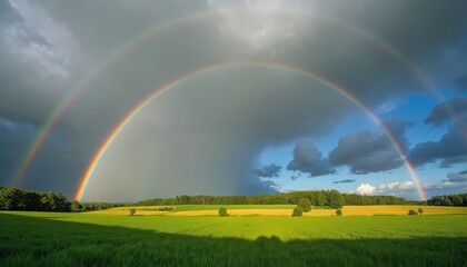 Naklejka premium Double rainbow arches across stormy sky over green fields, yellow crop fields. Dramatic weather illuminates rural landscape after rainfall. Sunlight breaks through dark clouds onto countryside nature