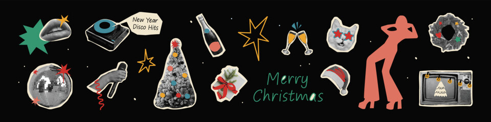 Fototapeta premium Disco Christmas halftone collage cut out set. Retro party stickers with champagne, disco ball and dancing people. Modern retro grunge mixed media vector illustration