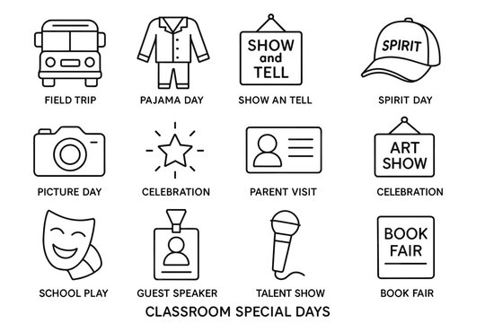 Classroom special days icons: field trip, pajama day, show and tell, spirit day, art show