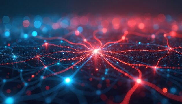 Abstract network of glowing red and blue lines and dots connect data points across a digital landscape. Future tech concept illustration shows complex web.