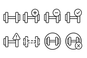 Set of dumbbell icons with symbols indicating various actions and warnings