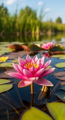 Pink Water Lily Blossoms in a Serene Pond Setting.