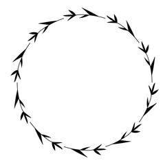 Hand drawn plants, dividers, wreaths, border frames. Circle floral frame with leaves on white background. Vector hand drawn illustration for wallpaper, posters, card. Copy space. Doodle style.