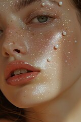 Portrait of a woman’s face with glowing, dewy skin, highlighted by delicate glitter and decorative pearls. Freckles, glossy lips, and soft lighting enhance the dreamy, artistic look.