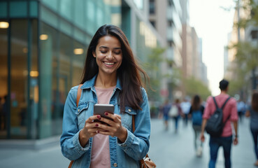 Young happy woman using mobile phone while walking through city street. Female person browsing smartphone outdoors in urban environment. Smiling lady with denim jacket, pink shirt holding cellphone.