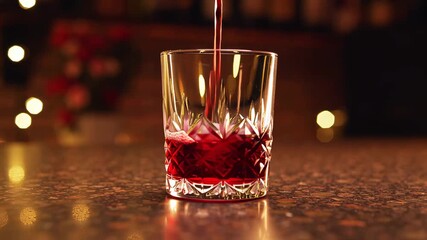 Liquor pouring into glass on bar counter with decorative lights and bokeh background close-up shot of beverage filling crystal glass drink preparation and nightlife scene variations - Powered by Adobe