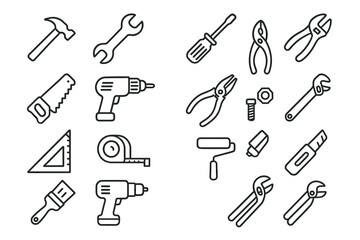 Fototapeta premium Collection of hand and power tools outline icons for construction and repair