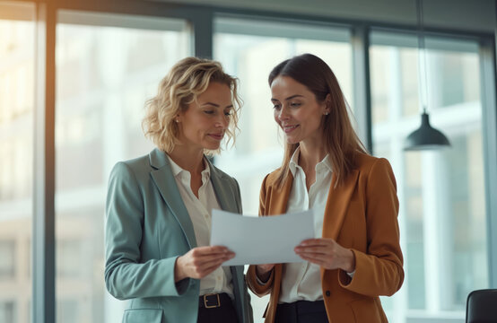 Two women in business attire review document near large window. Discussing work, collaboration, sharing ideas and planning strategy. Professionals in office environment, teamwork.