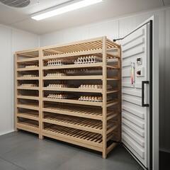 Egg Storage Room - Organized Shelves in a Commercial Refrigerator.