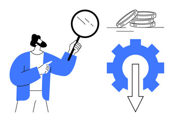 Man examines with magnifying glass, coins signifying finance, gear and downward arrow symbolizing process decline. Ideal for business, analysis, economy, process, research, strategy simple flat