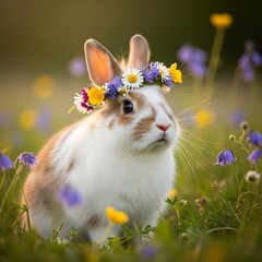 Rabbit with Flower Crown in Meadow - A Springtime Portrait.