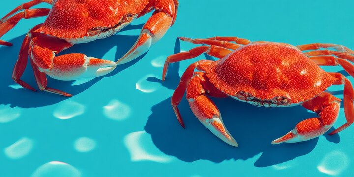 Bright orange crabs resting on a vibrant blue surface under sunlight near a shoreline in summer