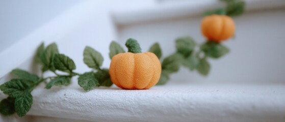 Small Orange Pumpkin Decor on White Wooden Staircase with Leaves