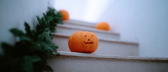 Orange Halloween Pumpkin on Stairs with Green Ivy Decoration
