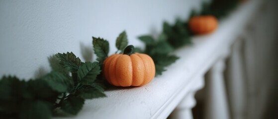 Autumn Decor with Small Pumpkin and Green Leaves on White Surface