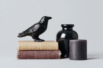 Black Crow Figurine on Stack of Books with Candle and Vase