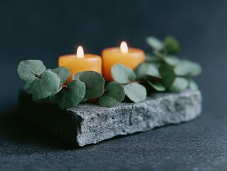 Elegant Orange Candles with Eucalyptus Leaves on Rustic Stone