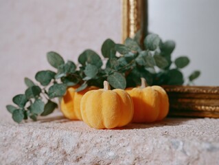 Small Orange Pumpkins Resting on a Stone Surface with Green Leaves