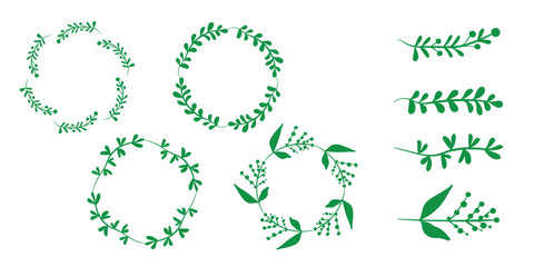 Hand drawn plants, dividers, wreaths, border frames. Circle floral frame with leaves on white background. Vector hand drawn illustration for wallpaper, posters, card. Copy space. Doodle style.