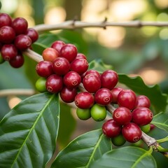 Coffee Cherries Ripening on the Branch - A Close-Up View of the Harvest.