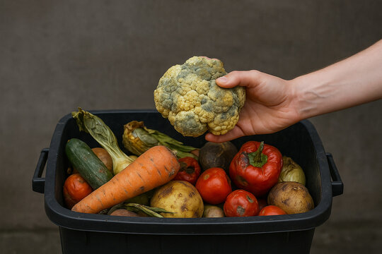 Lutte contre le gaspillage alimentaire avec des l&eacute;gumes ab&icirc;m&eacute;s dans une poubelle