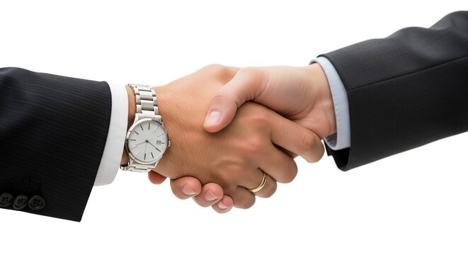 Two mens handshaking with full white background