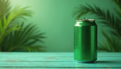 Green wet drink stands on light green wood table. Blurred palm leaves, shadows, vibrant green background create fresh tropical setting. Cold beverage packaging mockup with condensation ready for