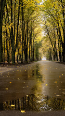 Golden autumn leaves blanket the ground in the park, creating a warm atmosphere