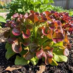 Vibrant Red Oakleaf Lettuce Growing in a Garden Bed.