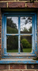 Rustic Blue Window Frame on Brick Wall.