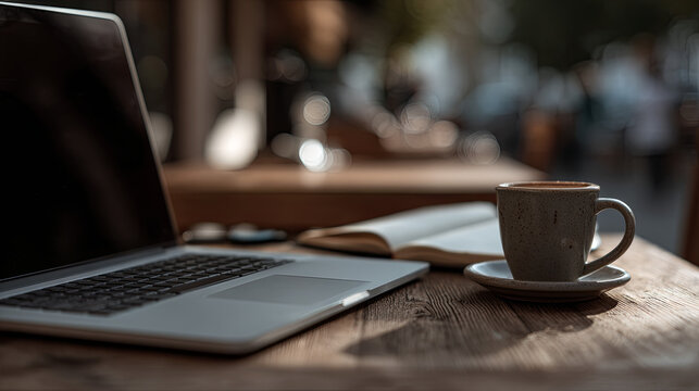 Cozy workspace in coffee shop with open laptop, notebook, and cup of coffee on wooden table by window with daylight reflections
