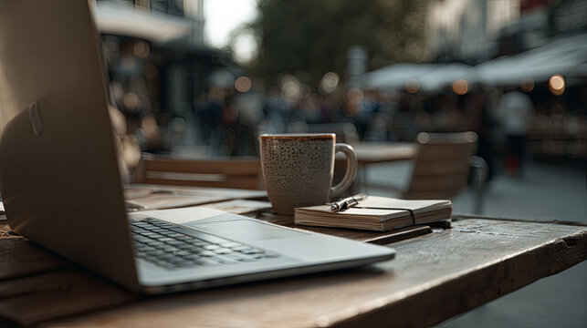 Cozy workspace in coffee shop with open laptop, notebook, and cup of coffee on wooden table by window with daylight reflections