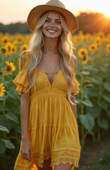 Young blonde woman smiles happily in vibrant sunflower field at golden hour. Wears stylish yellow dress, straw hat. Long blonde hair glows. Girl enjoys warm summer evening outdoor. Natural beauty,