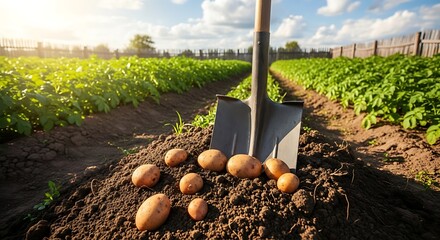 Freshly Harvested Potatoes in a Field with Shovel.