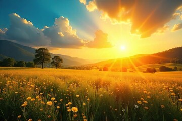 Fototapeta premium Golden Sunlight Bathes Vibrant Summer Landscape Perfect for Travel and Vacation Themes