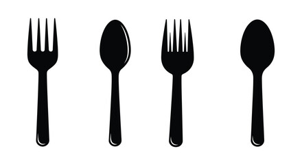 A simple black and white arrangement of forks and spoons displayed neatly